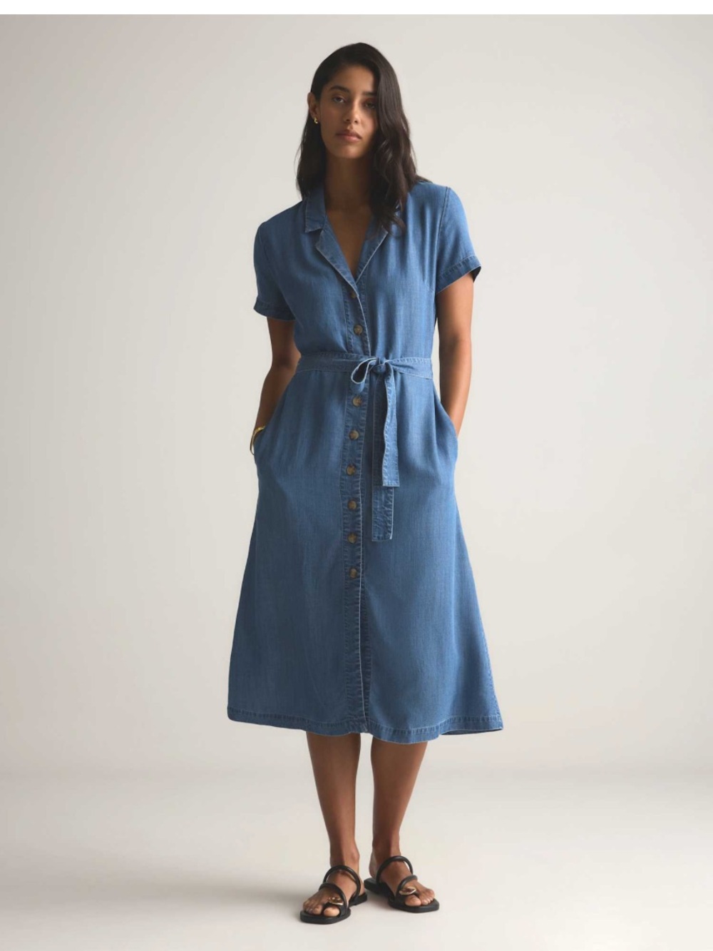 Quince Medium Indigo Button-Front Tencel Chambray Midi Dress
